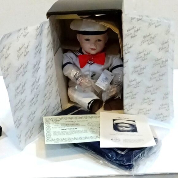 New In Box Edwin M. Knowles China Company "Matthew" Porcelain Doll w/ Documents - Picture 2 of 8